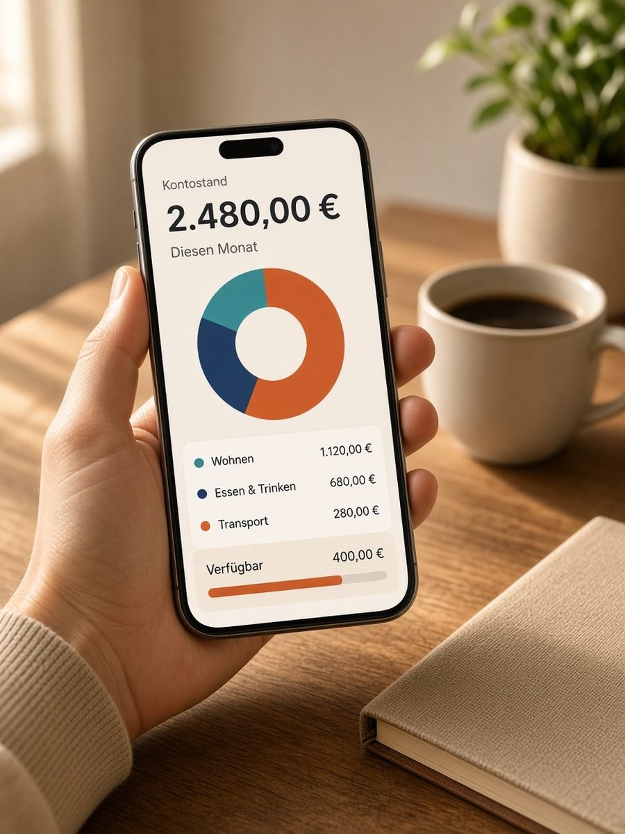 Smartphone in der Hand mit Beispiel-Oberfläche einer Budget-App: Kreisdiagramm der Ausgabenkategorien und Monatsbilanz